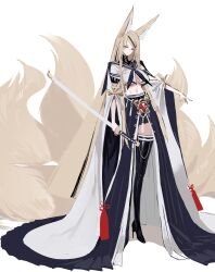 Rule 34 | 1girl, absurdly long hair, absurdres, animal ears, azur lane, black boots, black neckerchief, black sailor collar, black skirt, blonde hair, blunt ends, blush, boots, breasts, cloak, closed mouth, cropped shirt, dishwasher1910, flower knot, fox ears, fox girl, fox tail, front slit, full body, furrowed brow, gem, groin, hair ornament, hairclip, high heel boots, high heels, highres, holding, holding sword, holding weapon, japanese clothes, katana, kitsune, kyuubi, large breasts, large tail, light frown, long hair, long sidelocks, long skirt, long tail, looking at viewer, midriff, miniskirt, multiple tails, navel, neckerchief, no bra, original, parted bangs, pleated skirt, red eyes, red gemstone, sailor collar, school uniform, serafuku, shirt, short sleeves, showgirl skirt, sidelocks, simple background, skirt, solo, standing, straight hair, sword, tail, tall female, tassel, thigh boots, thighhighs, train (clothing), turtleneck, underboob, very long ears, very long hair, very long tail, weapon, white background, white cloak, white shirt, wide sleeves, yamato (dishwasher1910), zettai ryouiki