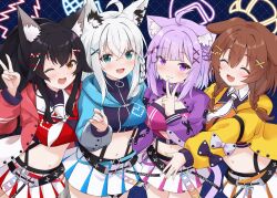 4girls :3 :d ahoge animal_ear_fluff animal_ears aqua_eyes black_hair blue_jacket blush braid brown_eyes cat_ears cat_girl cat_tail cleavage_cutout closed_eyes clothing_cutout commentary_request cropped_jacket crossed_bangs dog_ears dog_girl fang fox_ears fox_girl hair_ornament hololive hololive_gamers inugami_korone jacket long_hair long_sleeves looking_at_viewer minazuki_mizu multiple_girls navel necktie nekomata_okayu one_eye_closed ookami_mio open_mouth pleated_skirt ponytail purple_eyes purple_hair purple_jacket red_jacket sailor_collar shirakami_fubuki side_braid skirt sleeve_bow smile stomach tail v virtual_youtuber white_hair white_necktie white_sailor_collar white_skirt wolf_ears wolf_girl x_hair_ornament yellow_jacket