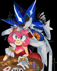 1boy 1girl alternate_costume amy_rose black_background blush breasts button_gap card cleavage cup dress drinking_glass flower flower_on_head furry furry_female gloves green_eyes highres humanoid_robot leaning_on_person looking_at_viewer metal_sonic neo_metal_sonic playing_card poker_chip popped_collar red_dress robot rose shirt sonic_(series) striped_clothes table unbuttoned unbuttoned_shirt vvveeeirr white_shirt wine_glass