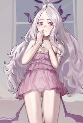 1girl babydoll black_halo blue_archive blush breasts demon_girl demon_horns demon_wings halo highres hina_(blue_archive) horns indoors loli looking_at_viewer off_shoulder panties pink_babydoll small_breasts solo solokitsune standing underwear white_panties window wings