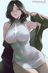 Rule 34 | 1girl, arm behind head, arm support, armpit crease, armpits, artist name, bare shoulders, black hair, black jacket, black sclera, blue background, breasts, colored sclera, covered navel, cowboy shot, cross scar, dress, facial mark, forehead mark, four-pointed star, hand in own hair, highres, jacket, large breasts, looking at viewer, medium hair, off shoulder, open clothes, open jacket, original, parted hair, scar, scar on face, short dress, side slit, signature, simple background, sleeveless, sleeveless dress, solo, star (symbol), star facial mark, tight clothes, tight dress, tomatoketchup96, turtleneck, turtleneck dress, white dress, white eyes, wolf cut