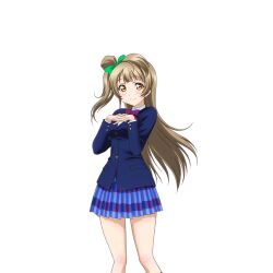1girl anime_coloring blazer blue_jacket blue_skirt blush bow bowtie brown_hair diagonal-striped_bow diagonal-striped_bowtie diagonal-striped_clothes dress_shirt feet_out_of_frame green_bow hair_bow hands_up hirayama_madoka jacket long_hair long_sleeves looking_at_viewer love_live! love_live!_school_idol_festival love_live!_school_idol_project minami_kotori miniskirt official_art one_side_up otonokizaka_school_uniform own_hands_together plaid_clothes plaid_skirt pleated_skirt red_bow red_bowtie school_uniform shirt skirt smile solo striped_clothes transparent_background white_shirt winter_uniform yellow_eyes