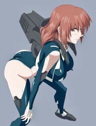 1girl absurdres arm_cutout ass blush bodysuit breasts canon_memphis clothing_cutout hayate_(pixiv3638337) highres hip_vent leg_cutout looking_at_viewer mecha_pilot_suit medium_breasts medium_hair purple_eyes red_hair shiny_clothes shiny_skin side_cutout simple_background smile solo soukyuu_no_fafner synergetic_suit thigh_cutout