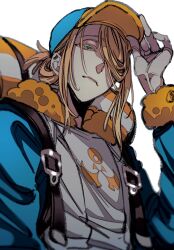 Rule 34 | 1boy, backpack, bag, blonde hair, blue eyes, colored eyelashes, fur trim, ginkgo guild uniform, hair over one eye, hat, highres, long hair, long sleeves, looking at viewer, looking down, male focus, naotin3333, nintendo, pokemon, pokemon legends: arceus, simple background, solo, standing, upper body, volo (pokemon), white background