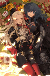 2girls absurdres alternate_costume blue_hair box cape cookie cosplay cup day edelgard_von_hresvelg female_byleth_(fire_emblem) fire_emblem fire_emblem:_three_houses flower food garreg_mach_monastery_uniform gauntlets gift gift_box gloves hair_ribbon hakunaru highres indoors long_hair looking_at_another lying male_byleth_(fire_emblem) male_byleth_(fire_emblem)_(cosplay) multiple_girls nintendo on_back on_ground pantyhose purple_eyes ribbon rose self_cosplay serious skirt stuffed_animal stuffed_toy sunflower sunlight teacup teddy_bear white_hair yuri
