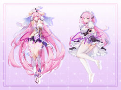 1girl absurdres armpits arms_up bad_multiple_views black_dress black_shorts blue_eyes boots breasts chinese_commentary commentary_request corset diamond-shaped_pupils diamond_(shape) dress elysia_(herrscher_of_human:_ego)_(honkai_impact) elysia_(honkai_impact) elysia_(miss_pink)_(honkai_impact) elysia_(miss_pink_elf)_(honkai_impact) erqi_lin_chu_yang fake_horns gloves highres honkai_(series) honkai_impact_3rd horns large_breasts long_hair maid maid_headdress no_shoes official_alternate_costume panties pink_hair purple_eyes sample_watermark short_shorts shorts smile soles symbol-shaped_pupils tank_top thighs underwear veil very_long_hair watermark white_boots white_corset white_gloves white_panties white_tank_top white_veil