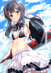 1girl absurdres artoria_pendragon_(fate) artoria_pendragon_alter_(swimsuit_rider)_(fate) artoria_pendragon_alter_(swimsuit_rider)_(second_ascension)_(fate) bikini black_bikini black_hair blush borumete breasts closed_mouth cloud cloudy_sky day dress fate/kaleid_liner_prisma_illya fate_(series) female_focus frilled_bikini frills glint gun hair_ornament hair_ribbon highres looking_at_viewer maid maid_bikini medium_breasts medium_hair miyu_edelfelt navel outdoors ribbon shiny_skin skirt sky smile solo swimsuit sword unconventional_maid weapon