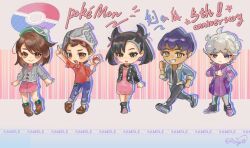 Rule 34 | 2girls, 3boys, :o, anniversary, beanie, bede (pokemon), black boots, black hair, black jacket, boots, brown boots, brown eyes, brown hair, brown shoes, cable knit, cardigan, chibi, chibi only, chinese commentary, clenched hands, closed mouth, coat, collared dress, commentary request, dress, gloria (pokemon), green eyes, green hat, green socks, grey cardigan, grey hat, grin, hand up, hat, holding, holding poke ball, hop (pokemon), jacket, marnie (pokemon), multiple boys, multiple girls, nintendo, open clothes, open jacket, pants, pigeon-toed, pink dress, poke ball, poke ball (basic), pokemon, pokemon swsh, purple coat, red shirt, ringo (reruhiri), shirt, shoes, smile, socks, standing, tam o&#039; shanter, teeth, victor (pokemon), yellow eyes