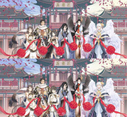 2girls 5boys :d ^_^ absurdres architecture bare_shoulders beard black_coat black_dress black_eyes black_gloves black_hair black_robe black_sash black_shawl black_wings blue_eyes bracelet brown_hair butterfly_hair_ornament cape chinese_clothes chinese_commentary closed_eyes closed_mouth coat coat_on_shoulders confetti cowboy_shot curtained_hair daxiushan day dress earrings east_asian_architecture eyeshadow facial_hair facing_viewer family feather_trim feathered_wings female_master_(the_tale_of_food) fingerless_gloves flower fur-trimmed_cape fur_trim gloves gradient_hair grey_cape group_picture hair_between_eyes hair_ornament hair_over_shoulder hair_slicked_back hairband hand_on_another&#039;s_shoulder hanfu happy highres holding holding_ribbon hu-geng_(the_tale_of_food) jewelry ji_(the_tale_of_food) long_dress long_hair long_sleeves looking_at_another looking_at_viewer low-tied_long_hair makeup male_master_(the_tale_of_food) medium_hair multicolored_hair multiple_boys multiple_girls multiple_wings official_art open_mouth pants parted_bangs peng_keng_(the_tale_of_food) pink_hair pinstripe_dress pinstripe_pattern qiabeibei red_eyes red_flower red_ribbon red_sash red_scarf ribbon robe sash scarf shawl short_hair shrug_(clothing) single_sidelock sleeveless sleeveless_dress smile standing swept_bangs tangzhuang tassel the_tale_of_food two-tone_dress two_side_up v variations very_long_hair watermark wavy_hair weibo_watermark white_dress white_gloves white_hair white_hairband white_pants white_robe white_scarf white_shawl white_wings wide_sleeves wing_hair_ornament wings xiangyun yellow_eyeshadow yizhi_(the_tale_of_food) zhi-geng_(the_tale_of_food)