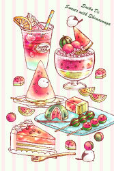 bird bowl cake cake_slice cup dango disposable_cup drinking_straw english_text food food_focus food_on_head fork fruit glass_bowl ice ice_cube juice long-tailed_tit mina_michiharu no_humans object_on_head on_food orange_(fruit) orange_slice original parfait plate striped_background tit_(bird) wagashi watermelon watermelon_slice whipped_cream white_background