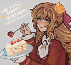 Rule 34 | 1girl, blonde hair, blue eyes, blush, cake, cake slice, claire francois, closed mouth, dated, food, fruit, happy birthday, holding, holding plate, long hair, long sleeves, looking at viewer, plate, rae taylor, ralaire, school uniform, slime (creature), solo, strawberry, t4yl0r712, tongue, tongue out, watashi no oshi wa akuyaku reijou