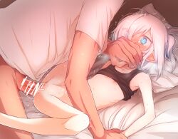 1boy 1girl azuma_shino bar_censor bed blue_eyes blush bottomless censored covering_another&#039;s_mouth erection eyes_visible_through_hair flat_chest groin_tendon hair_over_one_eye hetero loli lying missionary nipples nowareno_(azuma_shino) on_back on_bed one_side_up original penis pillow pointy_ears protected_link pussy pussy_juice sex slit_pupils spread_legs sweat tears vaginal white_hair wide-eyed
