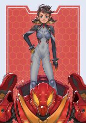 1girl absurdres artist_name black_bodysuit black_hair bodysuit breasts commentary covered_navel dart3_9 english_commentary grey_bodysuit hair_ornament hand_on_own_hip highres looking_at_viewer marvel marvel_rivals mecha mecha_pilot_suit multicolored_hair peni_parker red_background robot smile solo sp//dr spider-man_(series) spider-verse standing streaked_hair twintails two-tone_bodysuit