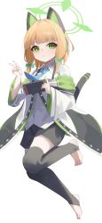 Rule 34 | 1girl, :&lt;, absurdres, animal ear headphones, animal ears, artistic error, black jacket, black shorts, black tail, black thighhighs, blonde hair, blue archive, blue necktie, blunt bangs, bow, buttons, cat ear headphones, cat ears, cat tail, closed mouth, collared shirt, commentary, dress shirt, fake animal ears, fake tail, feet, floating neckwear, full body, green bow, green eyes, green halo, green jacket, hair bow, halo, hand up, handheld game console, headphones, highres, holding, holding handheld game console, jacket, leg up, light smile, long sleeves, looking at viewer, low-tied sidelocks, midori (blue archive), multicolored jacket, necktie, nintendo switch, no shoes, off shoulder, open clothes, open jacket, school uniform, shirt, short hair, short shorts, shorts, sidelocks, simple background, solo, stirrup legwear, tail, thighhighs, toeless legwear, toenails, toes, unbuttoned, unbuttoned jacket, untucked shirt, v, white background, white jacket, white shirt, wide sleeves, wing collar, youqia