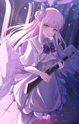 1girl absurdres blue_archive blue_bow blue_bowtie bow bowtie buttons capelet commentary_request double-breasted dress feathered_wings feet_out_of_frame gun hair_bun hair_ornament hair_scrunchie halo highres lanchester_smg long_hair looking_at_viewer low_wings mika_(blue_archive) oiru_(613) pink_hair pink_halo scrunchie single_side_bun solo standing submachine_gun weapon white_capelet white_dress white_wings wings yellow_eyes
