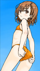 1girl ass bikini blue_sky blush brown_eyes brown_hair commentary_request embarrassed flat_chest focke_wulf hands_on_own_ass highres misaka_mikoto orange_bikini short_hair sky solo swimsuit toaru_kagaku_no_railgun toaru_majutsu_no_index