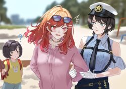 Rule 34 | 3girls, absurdres, ahoge, arrest, black hair, character request, commentary request, day, dhbwinner, eyewear on head, gloves, gradient hair, green eyes, hat, highres, hololive, hololive dev is, ichijou ririka, long hair, multicolored hair, multiple girls, off-shoulder shirt, off shoulder, oozora subaru, oozora subaru (police), orange eyes, orange hair, outdoors, parted lips, pink hair, pink shirt, police hat, print shirt, shirt, short hair, standing, virtual youtuber, white gloves