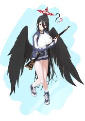 Rule 34 | 1girl, ?, ??, absurdres, black choker, black hair, black wings, blue archive, bolt action, breasts, choker, feathered wings, gun, gym shirt, gym shorts, gym uniform, hair between eyes, halo, hasumi (blue archive), high ponytail, highres, jacket, large breasts, oversized wings, looking at viewer, low wings, m1917 enfield, mark jin, mole, mole under eye, official alternate costume, partially unzipped, ponytail, red eyes, red halo, rifle, shirt, shoes, shorts, simple background, sneakers, socks, solo, track jacket, weapon, white socks, wings