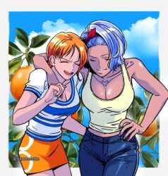 2girls arm_around_neck bare_shoulders bkomelette blue_hair blue_pants blue_sky breasts chest_tattoo cleavage closed_eyes cloud cloudy_sky collarbone commentary cowboy_shot dark-skinned_female dark_skin denim food fruit hairband hand_on_own_hip jeans large_breasts leaf mandarin_orange medium_breasts midriff_peek miniskirt multiple_girls nami_(one_piece) nami_(one_piece)_(east_blue) nojiko_(one_piece) one_piece open_mouth orange_hair orange_skirt outdoors outside_border pants parted_lips red_hairband shiny_skin shirt short_hair short_sleeves siblings sisters skirt sky tank_top tattoo twitter_username white_shirt white_tank_top