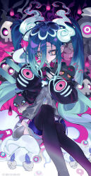 1girl absurdres aqua_hair black_thighhighs creatures_(company) dusclops duskull eyeball fire game_freak gen_2_pokemon gen_3_pokemon gen_5_pokemon ghost ghost_miku_(project_voltage) glitch gradient_hair grey_shirt hair_between_eyes hatsune_miku highres litwick long_hair looking_at_viewer misdreavus multicolored_hair musical_note nail_polish nintendo pale_skin pokemon pokemon_(creature) project_voltage shirt shuppet skirt taowu_(20809) thighhighs very_long_hair vocaloid will-o&#039;-the-wisp_(mythology) yellow_eyes