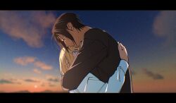 Rule 34 | 2girls, 35ohama yu, blonde hair, blue eyes, brown shirt, closed mouth, highres, hug, krista lenz, multiple girls, shingeki no kyojin, shirt, short hair, smile, sunset, upper body, white shirt, ymir (shingeki no kyojin)