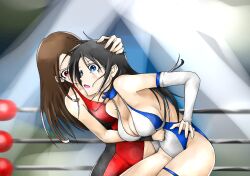 Rule 34 | 2girls, artist request, blue eyes, breasts, catfight, cleavage, large breasts, multiple girls, red eyes, tagme, wrestling, wrestling ring