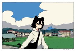 1girl absurdres animal_ears artist_name bag black_eyes black_hair border building cat_ears cat_girl cat_tail cloud dated day field fumiko_(rubra_plumeria) highres hood hood_down hoodie long_sleeves original outdoors shoulder_bag sweat tail upper_body white_border white_hoodie