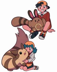 1boy 1girl backwards_hat baseball_cap bike_shorts black_hair blue_eyes blue_hair breasts ethan_(pokemon) evolutionary_line furret gen_2_pokemon hat jacket kris_(pokemon) long_hair long_sleeves nintendo one_eye_closed open_mouth pokemon pokemon_(creature) pokemon_gsc red_jacket red_shirt sentret shirt shoes short_hair shorts simple_background smile teeth twintails tyako_089 white_background yellow_hat yellow_shorts