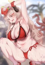 Rule 34 | 1girl, absurdres, areola slip, arm above head, armpits, bikini, blue archive, blush, breasts, brown eyes, brown hair, cameltoe, curled horns, female pubic hair, food, food on face, front-tie bikini top, front-tie top, fruit, grey hair, hair ornament, hairclip, halo, highres, holding, holding food, horns, izumi (blue archive), izumi (swimsuit) (blue archive), large breasts, light brown hair, mole, mole on thigh, navel, nipple slip, nipples, o-ring, o-ring bikini, octopus, open mouth, outdoors, palm tree, plump, pubic hair, pubic hair peek, red bikini, red scrunchie, scrunchie, shoes, side-tie bikini bottom, solo, spacetazune, squatting, surprised, sweat, swimsuit, tazune, thick thighs, thighs, tree, watermelon, watermelon slice, wrist scrunchie