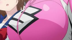 2girls animated anime_screenshot bakuon!! blue_eyes bodysuit bodyuit bouncing_breasts breast_envy breast_focus breasts brown_hair highres large_breasts looking_at_breasts multiple_girls open_mouth pink_bodysuit racing_suit sakura_hane school_uniform short_hair sound suzunoki_rin tagme video walking