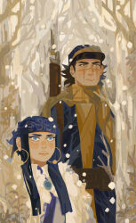 1boy 1girl ainu_clothes asirpa bandana bare_tree black_hair blue_bandana blue_eyes blue_jacket blue_pants blush brown_eyes brown_hair commentary ear_piercing earrings english_commentary eyeliner fur_trim golden_kamuy gun gun_on_back hair_intakes hat highres jacket jewelry long_hair looking_ahead makeup pants parted_lips piercing rifle scar scar_on_face scarf snow spearmintaii sugimoto_saichi tree weapon weapon_on_back white_fur yellow_scarf