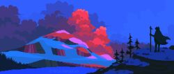 1other cane cloak cloud highres holding holding_cane landscape mountain nature night original outdoors pink_clouds pixel_art scenery sky snow solo standing theartistjulian tree twitter_username