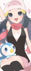 1girl :d absurdres arm_up beanie black_hair black_socks boots commentary_request dawn_(pokemon) gen_4_pokemon grey_eyes hair_ornament hairclip happy hat highres kneehighs kurumiya_(krmy_p) long_hair nintendo open_mouth pink_boots pink_skirt piplup pokemon pokemon_(creature) pokemon_dppt pokemon_on_leg scarf skirt smile socks sparkle white_background white_hat