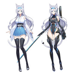 1girl absurdres animal_ear_fluff animal_ears black_gloves black_leotard black_thighhighs blue_eyes blue_skirt boots breasts detached_sleeves earpiece elbow_gloves full_body gloves grey_hair hairband highres holding holding_kunai holding_sheath holding_sword holding_weapon kunai large_breasts leotard long_hair mytea_(soso) open-toe_boots original sheath shirt single_elbow_glove skirt smile standing sword tail tail_ornament tail_ring thighhighs weapon white_background white_shirt wide_sleeves