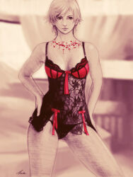 Rule 34 | 1girl, black panties, blonde hair, breasts, closed mouth, highres, himura (him-la), lingerie, lips, looking at viewer, panties, resident evil, resident evil 6, sherry birkin, short hair, signature, solo, underwear, very short hair