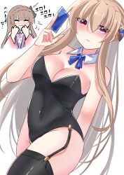 Rule 34 | 2girls, absurdres, animal ears, black leotard, black thighhighs, braid, brown hair, covered navel, detached collar, dmc tales2006, fake animal ears, heaven burns red, highres, kiryuu miya, leotard, long hair, mask, multiple girls, playboy bunny, poker, rabbit ears, rabbit tail, strapless, strapless leotard, tail, thighhighs