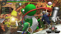3boys boots capcom clock creatures_(company) crossover dinosaur facial_hair game_freak gen_1_pokemon hammer hand_fan hat highres kirby kirby_(series) leaf link luigi male_focus mario mario_(series) monster_hunter_(series) multiple_boys mushroom mustache nintendo outdoors paper_fan parody pikachu pokemon pokemon_(creature) shield star_(symbol) style_parody super_mario_bros._1 sword tail the_legend_of_zelda tongue tree weapon yoshi