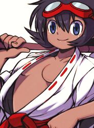 1girl beeru_(veil8801) black_hair blue_eyes breasts center_opening closed_mouth dark-skinned_female dark_skin goggles goggles_on_head highres holding japanese_clothes looking_at_viewer sengoku_ace short_hair simple_background smile solo togashi_koyori white_background