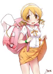 1girl absurdres backpack bag blonde_hair charlotte_(madoka_magica) clothes_lift collar cosplay hachikuji_mayoi hachikuji_mayoi_(cosplay) highres in_bag in_container kyubey medium_hair monogatari_(series) pink_bag shirt short_sleeves skirt skirt_lift solo tomoe_mami white_shirt yanmaami yellow_eyes yellow_skirt