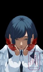 1girl absurdres black_background blue_hair closed_mouth collared_shirt commentary_request disembodied_hand dundunerdunest frilled_shirt frills fukurai_azami hands_on_own_cheeks hands_on_own_face hands_up highres long_sleeves looking_at_viewer puffy_sleeves shirt short_hair simple_background smile solo toshi_densetsu_kaitai_center upper_body white_shirt yellow_eyes