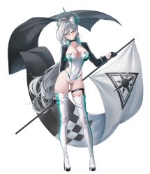 1girl absurdres alter_(kxk7357) alternate_costume animal_ear_fluff animal_ears blue_archive blush boots breasts cleavage closed_mouth commentary_request cross_hair_ornament flag full_body green_eyes grey_hair hair_between_eyes hair_ornament highres holding holding_flag large_breasts leotard long_hair looking_at_viewer panty_straps race_queen shiroko_(blue_archive) shiroko_terror_(blue_archive) solo standing strapless strapless_leotard thigh_boots thigh_strap thighs very_long_hair white_boots white_leotard wolf_ears