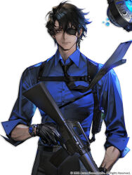 1boy assault_rifle belt black_belt black_gloves black_hair black_necktie black_pants blue_shirt canine_(echoes_of_vision) closed_mouth collared_shirt copyright_notice dress_shirt earphones echoes_of_vision eyepatch floating floating_object gloves grey_background gun highres holding holding_gun holding_weapon m16 m16a1 male_focus necktie official_art pants quuni rifle shirt shirt_tucked_in short_hair simple_background solo trigger_discipline watch weapon wristwatch