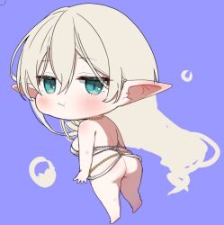 1girl :t ass bare_shoulders barefoot blue_eyes blush bottomless breasts brown_hair chibi closed_mouth commentary_request dutch_angle elf from_behind hair_between_eyes large_breasts long_hair original pointy_ears pout purple_background simple_background solo standing tomozero very_long_hair wavy_mouth