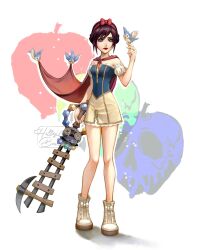 1girl alternate_costume apple bird bird_on_hand blue_eyes boots bow breasts cape cosplay dress food fruit full_body hair_between_eyes hair_bow hairband highres holding holding_weapon hollypolllyy kairi_(kingdom_hearts) keyblade kingdom_hearts medium_breasts multicolored_dress off-shoulder_dress off_shoulder puffy_short_sleeves puffy_sleeves red_bow red_cape red_hair red_hairband red_lips shoes short_dress short_hair short_sleeves skull snow_white_(disney) snow_white_(disney)_(cosplay) solo weapon yellow_shoes