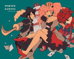 2012 2girls armored_boots birthday birthday_cake black_choker black_dress black_hair black_jacket black_pants blonde_hair blue_eyes boots bouquet breasts cake candle choker cleavage crown danganronpa:_trigger_happy_havoc danganronpa_(series) dated dress enoshima_junko fingernails flower food freckles fruit full_body grey_dress grey_shirt happy_birthday holding holding_sword holding_weapon ikusaba_mukuro jacket japanese_text jewelry large_breasts letter long_hair long_sleeves looking_at_another looking_at_viewer multicolored_dress multiple_girls musketeer pants period_dress pointing_melee_weapon pointing_sword red_dress red_flower red_footwear red_nails rose sabaton shirt siblings simple_background sisters sitting strawberry sword aqua_background twins twintails weapon