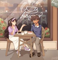 1boy 1girl absurdres alternate_costume artist_name black_hair blue_sweater blush bright_pupils brown_eyes brown_hair brown_pants cafe cake cake_slice chair closed_eyes coffee coffee_mug collared_shirt cup dark-skinned_male dark_skin ear_piercing earrings flower food hero_(faraway)_(omori) hero_(omori) highres holding holding_spoon index_finger_raised jewelry long_hair long_skirt long_sleeves mari_(faraway)_(omori) mari_(omori) mug omori open_mouth outdoors pants piercing plate red_flower red_rose rose shirt shirt_under_sweater short_hair short_sleeves shxro524 sitting skirt smile spoon sweater table teeth upper_teeth_only white_pupils white_shirt white_skirt