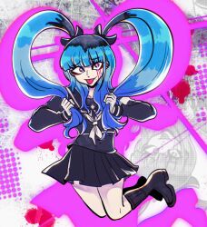 1girl amemiya_darumi black_boots black_bow black_hair black_skirt blood bloody_tears blue_hair boots bow ear_piercing face_piercing hands_up holding holding_own_hair last_defense_academy_school_uniform lip_piercing looking_at_viewer ministarfruit multicolored_hair piercing pink_eyes pleated_skirt silhouette skirt the_hundred_line_-last_defense_academy- tongue tongue_out twintails