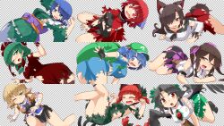 6+girls animal_ears arm_cannon ass black_gloves black_hair black_skirt blonde_hair blue_dress blue_eyes blue_hair bow breasts brown_hair brown_shirt cape cat_ears cat_girl dress feathered_wings gloves green_bow green_dress green_eyes green_hair green_kimono green_skirt hair_ribbon hat hemogurobin_a1c highres himekaidou_hatate imaizumi_kagerou japanese_clothes kaenbyou_rin kagiyama_hina kawashiro_nitori kimono long_hair looking_at_viewer mizuhashi_parsee multiple_girls pointy_ears purple_bow red_bow red_cape red_dress red_eyes red_hair red_ribbon reiuji_utsuho ribbon scarf sekibanki shirt short_hair skirt tokin_hat torn_clothes touhou twintails wakasagihime weapon white_scarf white_shirt wings wolf_ears wolf_girl