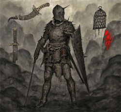 1boy ariel_perez armor fake_horns full_armor helmet highres horned_helmet horns knight sheath solo unsheathed