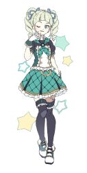 1girl aikatsu! aikatsu!_(series) black_shirt black_thighhighs blonde_hair buttons center_frills double-breasted frilled_skirt frilled_thighhighs frills full_body ginjiro_(ginjiroxx) gloves green_eyes green_neckerchief green_shoes green_skirt hair_ribbon highres looking_at_viewer medium_hair neckerchief one_eye_closed plaid_clothes plaid_neckerchief plaid_skirt puffy_short_sleeves puffy_sleeves ribbon shirt shoes short_sleeves simple_background skirt smile solo standing star_(symbol) thighhighs todo_yurika twintails white_background white_gloves